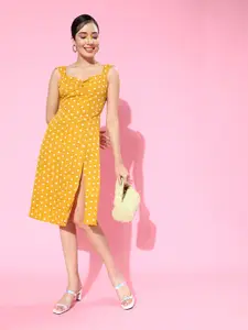 Berrylush Women Bright Yellow Polka Dots Sweetheart Neck Dress