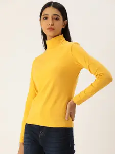Flying Machine Women Yellow Solid High Neck Regular Sleeves Knitted Slim Fit T-shirt
