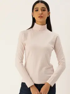 Flying Machine Women Ivory Solid High Neck Full Sleeves Casual T-shirt