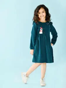 Beebay Girls Green Penguin Embroidered A-Line Corduroy Dress