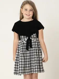Cherry Crumble Girls Black & White Checked Corduroy Bow Detail Cotton Fit & Flare Dress