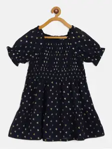 Cherry Crumble Girls Navy Blue & Gold Heart Print Pleated Detail Tiered Fit & Flare Dress