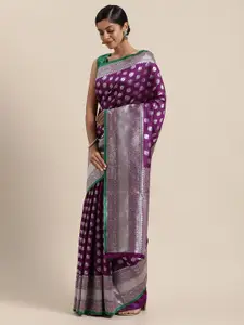 Sugathari Purple & Green Woven Design Silk Blend Mysore Silk Saree