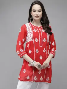 ADA Red Ethnic Motifs Woven Design Pure Georgette Chikankari Handloom Kurti with Matching Slip