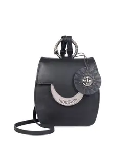 Hidesign Black Leather Structured Satchel With Detachable Sling Strap