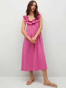 MANGO Pink Pure Cotton Solid A-Line Midi Dress
