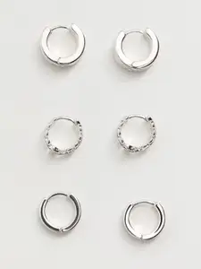 MANGO Set of 3 Silver-Toned Huggie Hoop Earrings