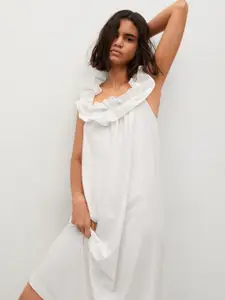 MANGO Women White Solid Pure Cotton A-Line Midi Dress