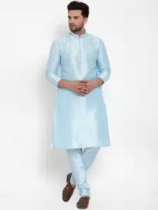 KRAFT INDIA Men Turquoise Blue Striped Regular Dupion Silk Kurta with Pyjamas