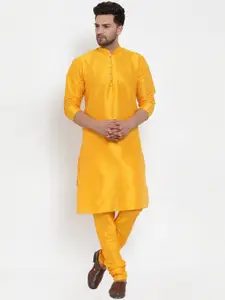 KRAFT INDIA Men Mustard Yellow Striped Pleated Dupion Silk Kurta with Churidar
