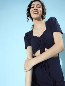 SCORPIUS Women Deep Navy Blue Solid Sweetheart Neck Knee Length Dress