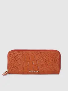 Hidesign Women Orange Animal Textured Leather Zip Around Wallet