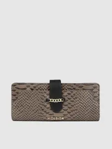 Hidesign Women Gunmetal-Toned Snakeskin Textured Buckle Detail Leather Two Fold Wallet