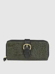 Hidesign Women Green Croc Textured Buckle Detail Leather Zip Around Wallet