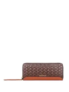 Hidesign Women Brown Textured Woven Design Leather Zip Around Wallet