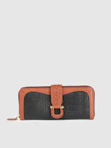 Hidesign Women Black & Brown Textured Leather Zip Around Wallet