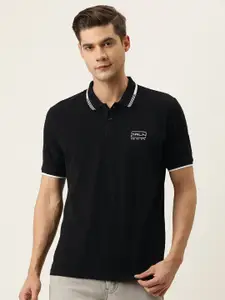 Proline Active Men Black Brand Logo Printed Polo Collar Slim Fit Pure Cotton T-shirt