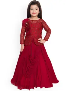 BETTY Girls Red Embellished Lace Saree Style Gown Dress