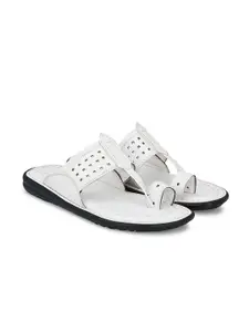 Azzaro Black Men White Laser Cut Detailed Ethnic Kolhapuri Comfort Sandals
