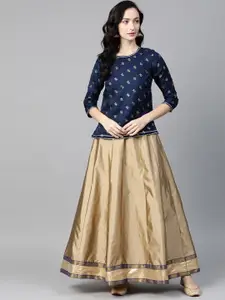 Readiprint Fashions Golden & Navy Blue Printed Ready to Wear Lehenga with Top