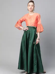 Readiprint Fashions Green & Peach-Coloured Ready to Wear Lehenga