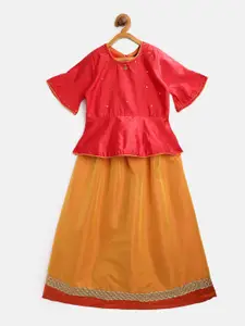 Readiprint Fashions Girls Orange & Red Ready to Wear Solid Lehenga & Sequinned Choli