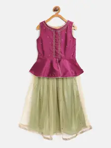 Readiprint Fashions Girls Purple & Sea Green Net Embellished Lehenga & Choli
