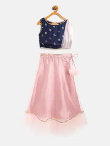 Readiprint Fashions Girls Pink & Navy Blue Printed Ready to Wear Lehenga & Blouse With Dupatta