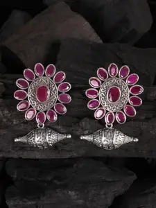 JEWELS GEHNA Silver-Toned & Pink Oxidised Floral Drop Earrings