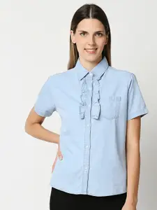 High Star Blue Ruffles Denim Shirt Style Stretchable Top