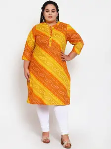 plusS Women Orange & Yellow Bandhani Printed Kurta