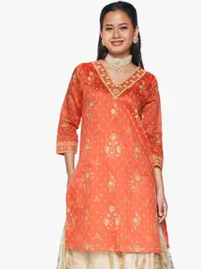 Global Desi Women Orange & Cream-Coloured V- Neck Ethnic Motifs Printed Kurta