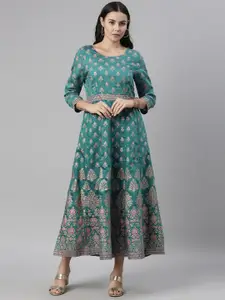 Global Desi Women Teal Blue Ethnic Motifs Printed Fit And Flare Midi Dress