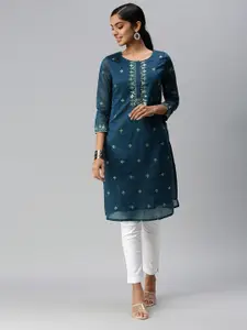 Global Desi Women Blue Ethnic Motifs Embroidered Kurta