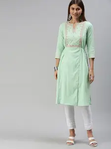 Global Desi Women Green Embroidered Angrakha Kurta