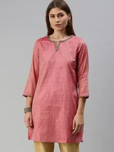 Global Desi Women Coral Pink & Gold-Coloured Woven Design Kurta with Embellishments