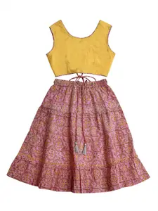 My Little Lambs Girls Yellow & Pink Pure Cotton Floral Printed Lehenga With Choli