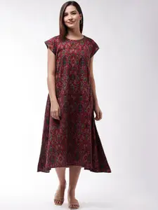 InWeave Maroon Ikkat A-Line Midi Dress