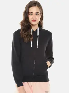 Campus Sutra Women Black Solid Hooded Sweatshirt