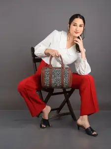 ZOUK Navy Blue Ethnic Motifs Printed Shopper Satchel with Cut Work