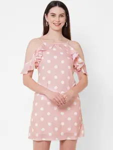 MISH Women Peach-Coloured & White Crepe Polka Dot A-Line Dress