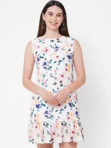 MISH Women White & Blue Floral Georgette A-Line Dress