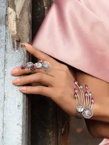 SHAYA Oxidised 925 Silver-Toned & Pink Sapphire Stone-Studded Rise Above Insecurities Adjustable Finger Ring
