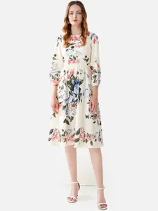 JC Collection Women White & Blue Floral Fit & Flare Dress