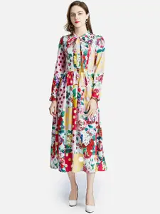 JC Collection Women Yellow & Red Abstract Printed Tie-Up Neck Midi Dress