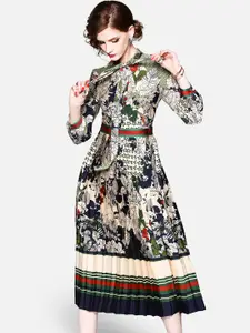 JC Collection Women Green & Red Printed Tie-Up Neck Midi Dress