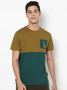 SIMON CARTER LONDON Men Green  Brown Colourblocked Pockets Slim Fit Pure Cotton T-shirt