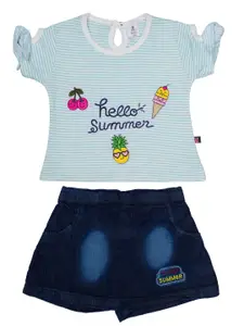 Little Folks Girls Blue & White Striped T-shirt with Shorts