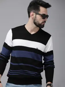The Roadster Lifestyle Co Men Black & Blue Striped Pullover Sweater