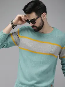 Roadster Men Blue & Grey Colourblocked Acrylic Pullover with Brand Logo Embroidered Detail